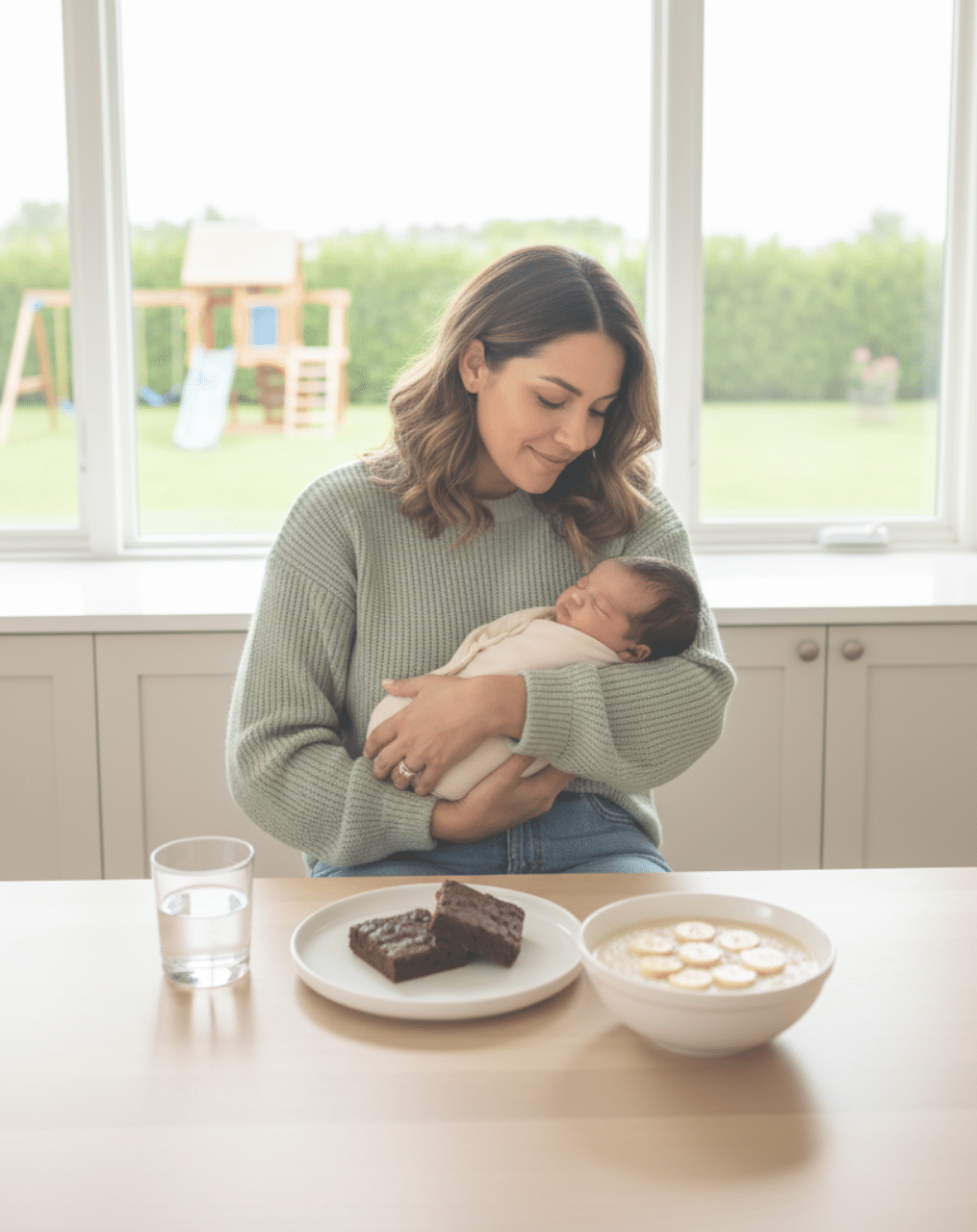 Postpartum Meals Delivered in Houston – The Ruby Postnatal and Restorative Roots Image Blog mom meal Green sweater mom Rice pudding and brownies
