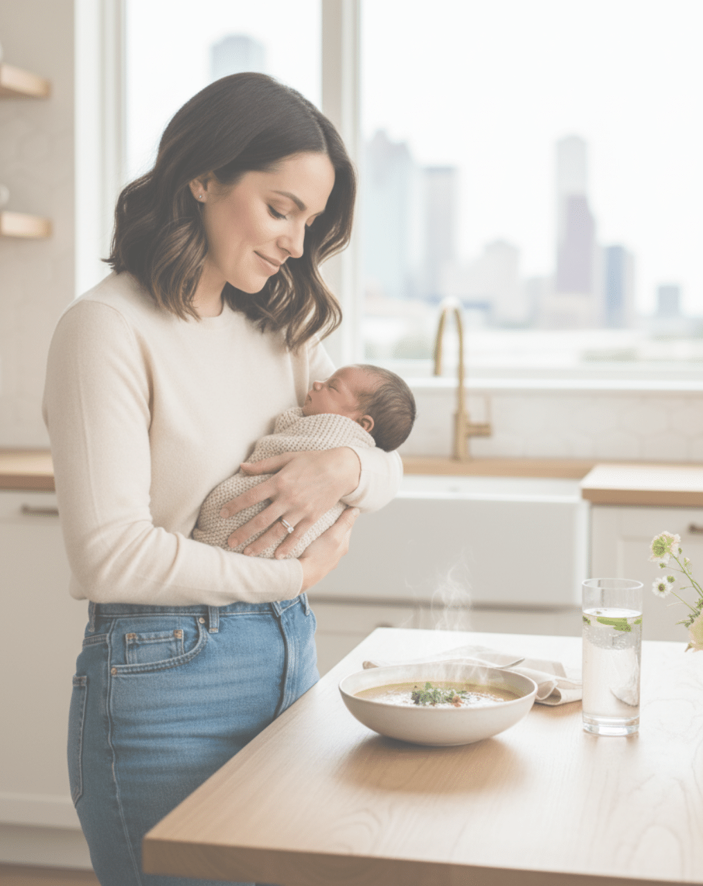 Postpartum Meals Delivered in Houston – The Ruby Postnatal and Restorative Roots Image Featured Image 1 Postpartum Meals Delivered in Houston – The Ruby Postnatal and Restorative Roots Image Featured Image Mom with baby in kitchen