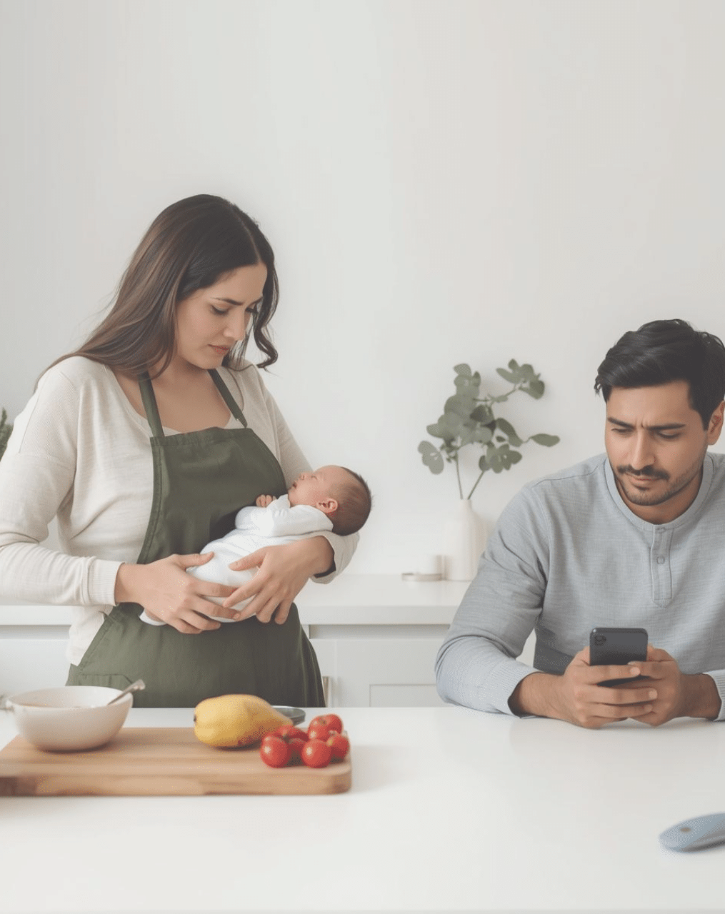 Strengthen Your Relationship After Baby Practical Tips theRUBY postnatal Featured Image Blog (1) Strengthen Your Relationship After Baby Tips Dad on phone mom in kitchen holding baby